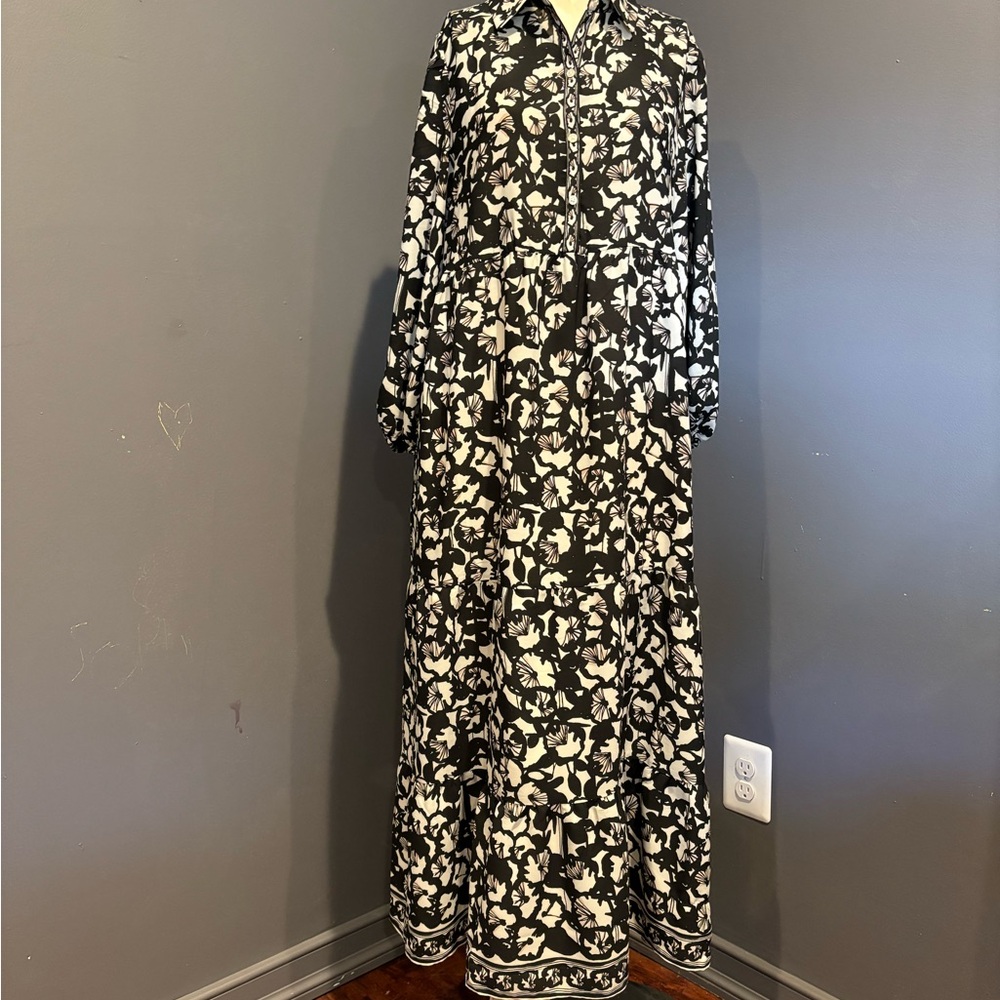 Studio M Black and White Buttoned Gown with Bishop Sleeves